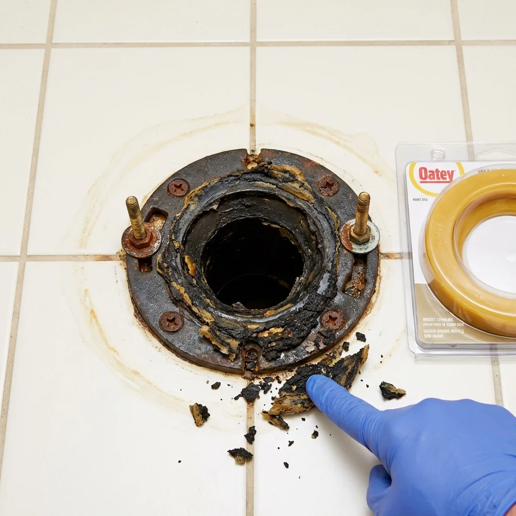 Failed wax ring showing water seepage at the base of a toilet in a Thornton, IL home