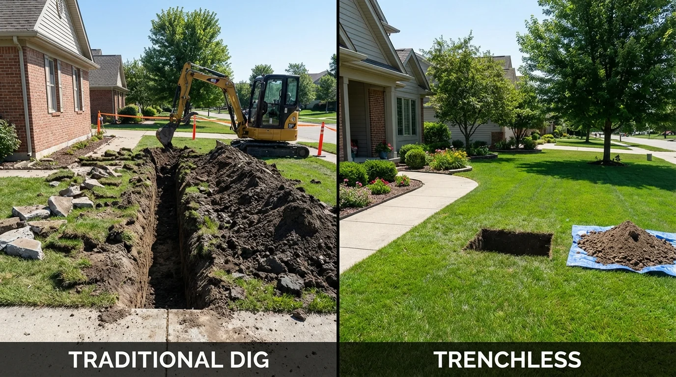 Trenchless sewer repair with minimal yard damage versus traditional excavation in Thornton, IL