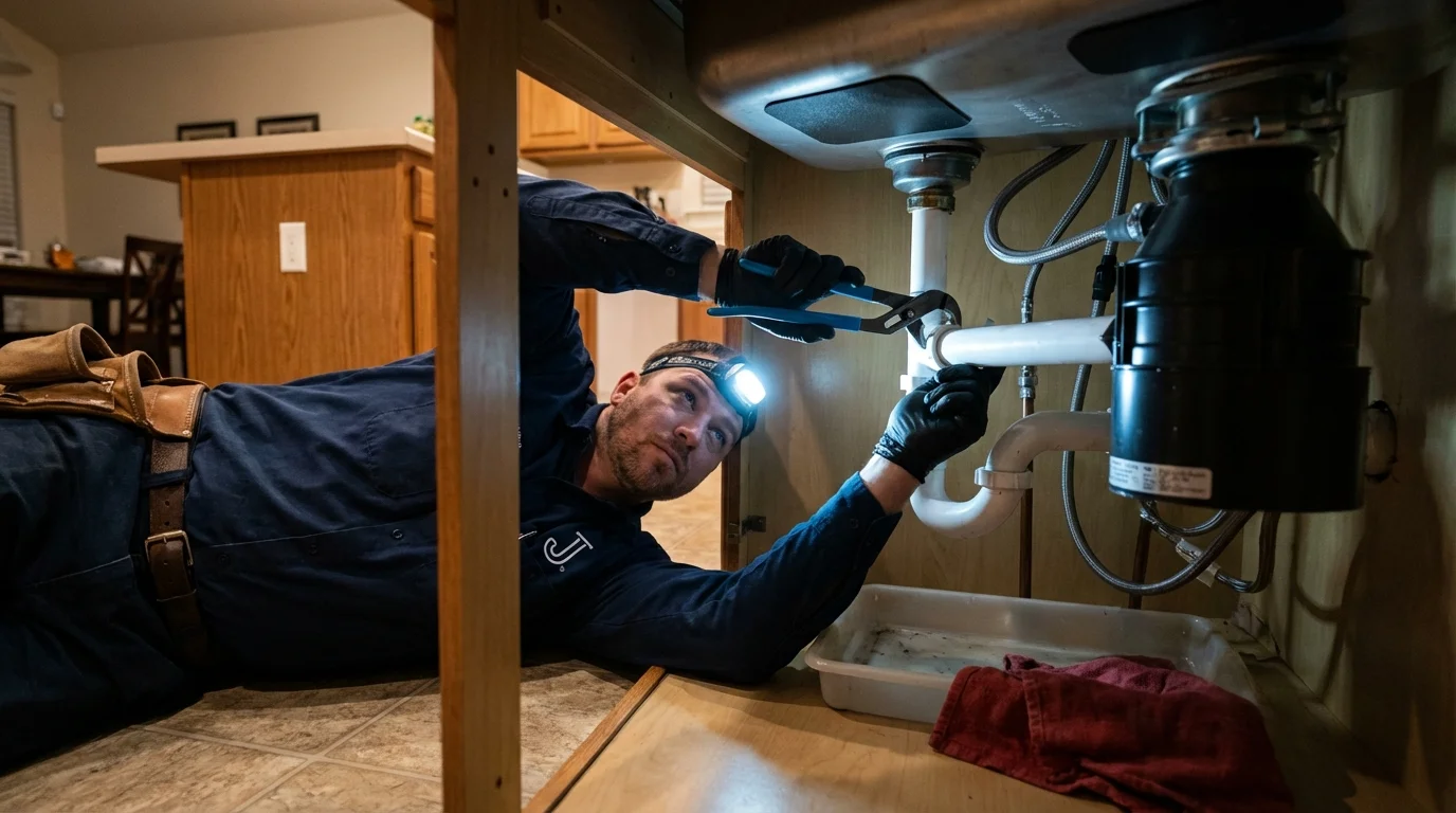P-trap and supply line connections under a kitchen sink showing a common leak point in Thornton, IL